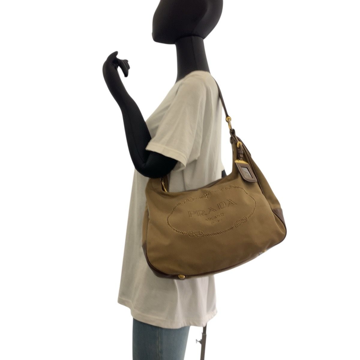 美品 PRADA プラダ ロゴジャガード ブラウン ゴールド金具 キャンバス