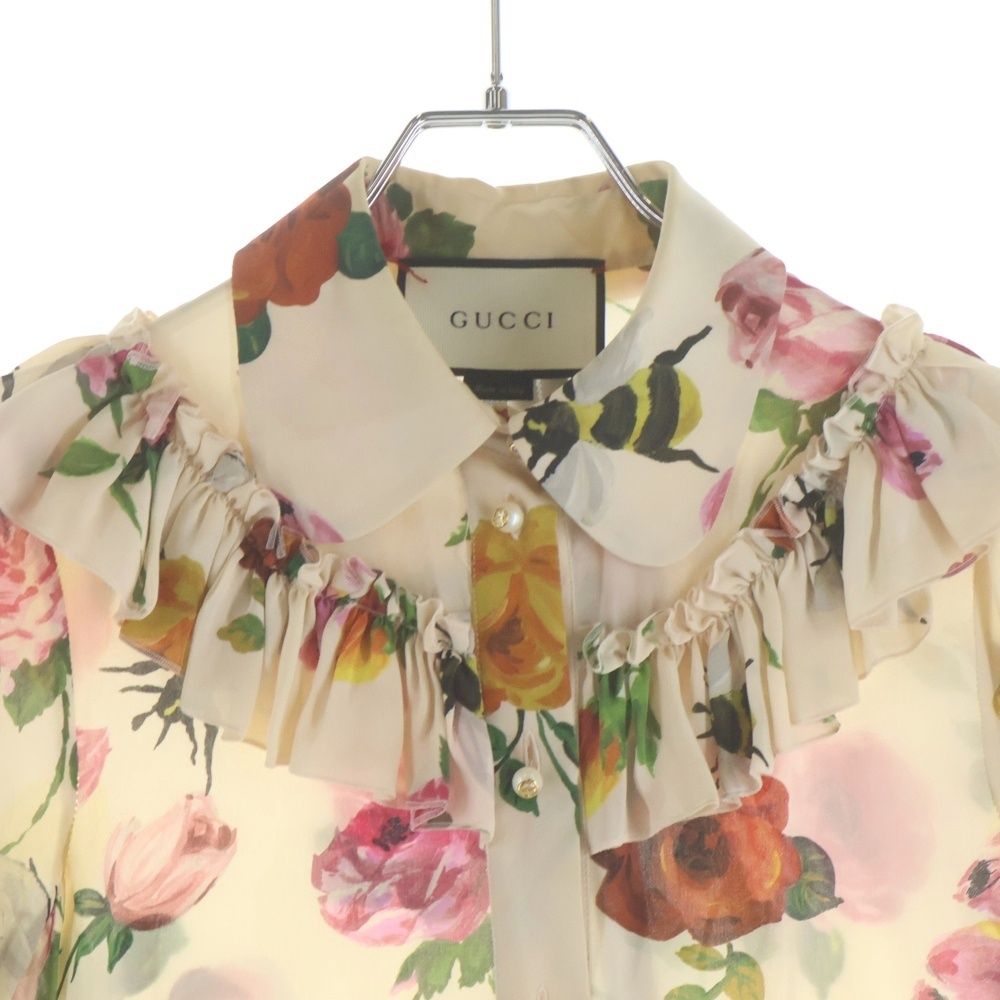 GUCCI (グッチ) フラワー総柄プリント シルク フリル 長袖