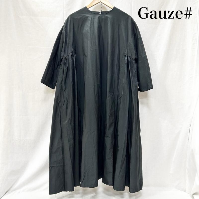美品 Gauze# ガーゼ 綿100% ギャザーワンピース フリーサイズ ガーゼ Aライン サイドギャザーワンピース ワイドワンピース black