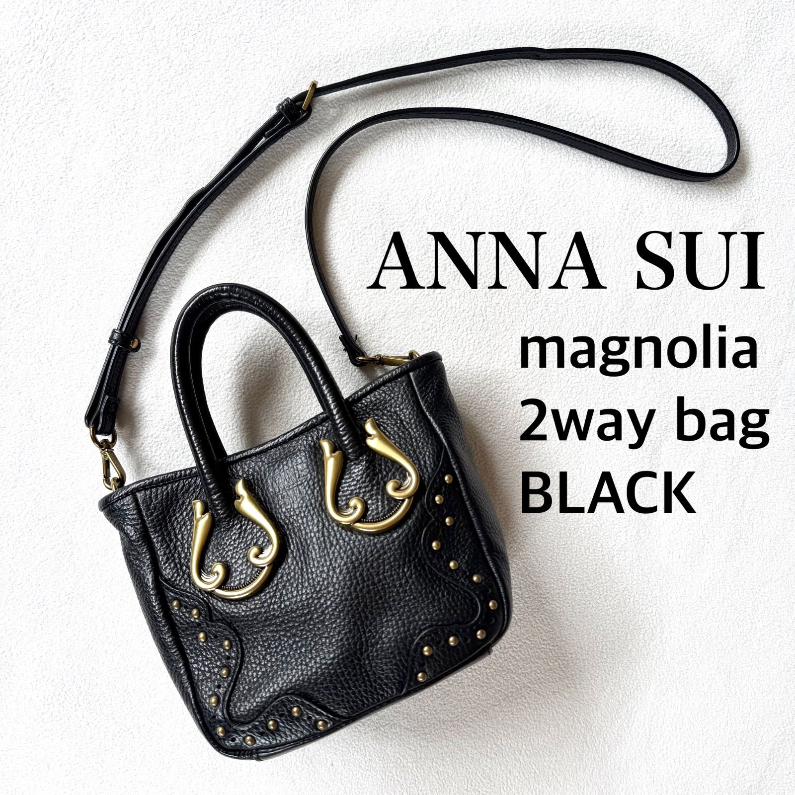 매우 아름다운 미사용 ANNA SUI 안나 수이 매그놀리아 투웨이 숄더백 크로스 백 가죽 블랙 천연 가죽