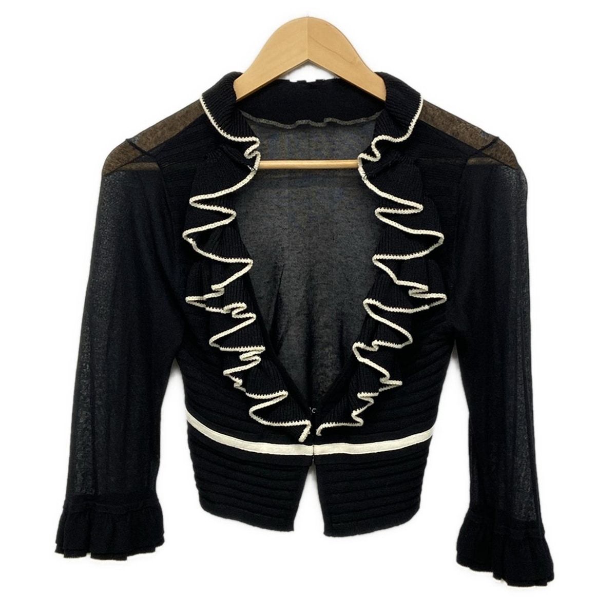 TO BE CHIC(トゥービーシック) カーディガン サイズ2 M レディース美品 - 黒×白 長袖⁄フリル TO BE CHIC(トゥービーシック) カーディガン サイズ2 M レディース美品 - 黒×白 長袖⁄フリル