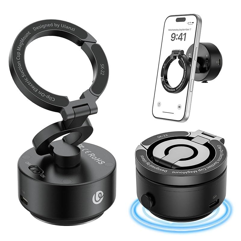 Ulanzi SK-22 スマホスタンド MagSafe対応 両面マグネット 電動式 吸盤スマホホルダー マウント 360度回転 ガラスに吸着 取り付け簡単 耐荷重500g 卓上/キッチン/車用 折りたたみ式 持ち運び便利 携?スマホホルダー iPhone 1