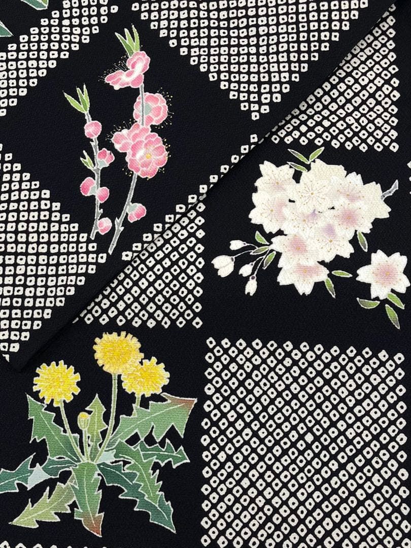 京袋帯 一重太鼓 手描き 梅 桜 椿 市松模様 正絹 黒地 D539 【公式通販】
