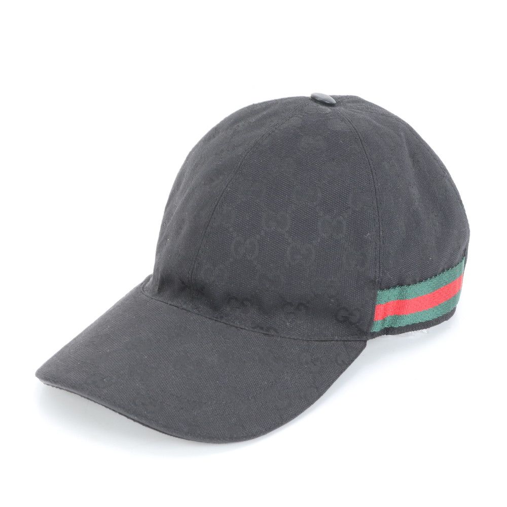 美品 グッチ GGキャンバス シェリー ライン キャップ ブラック 黒 M 