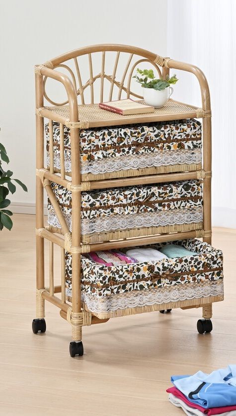 ♪3段 ラタン製 ランドリーチェスト ［幅47cm］　　　　洗濯物 脱衣カゴ ランドリー 籐家具 引出し 衣類収納 タオル収納