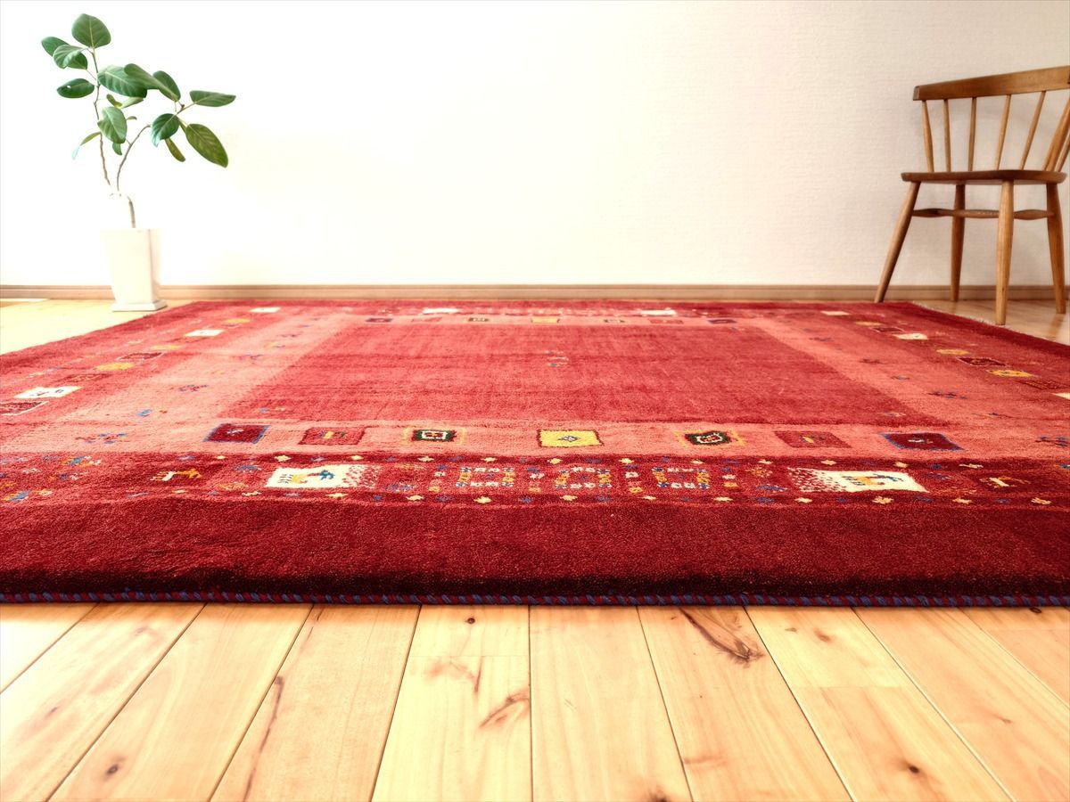 ペルシャ ギャッベ リビング敷 ダイニング敷 ラグ 240x200cm 桃色 茜色 