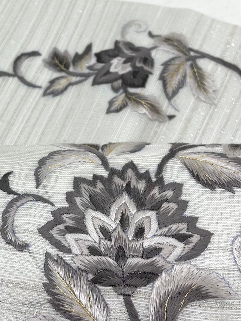 九寸名古屋帯 手刺繍 金銀糸 唐花 正絹 ロングサイズ ガード加工済 