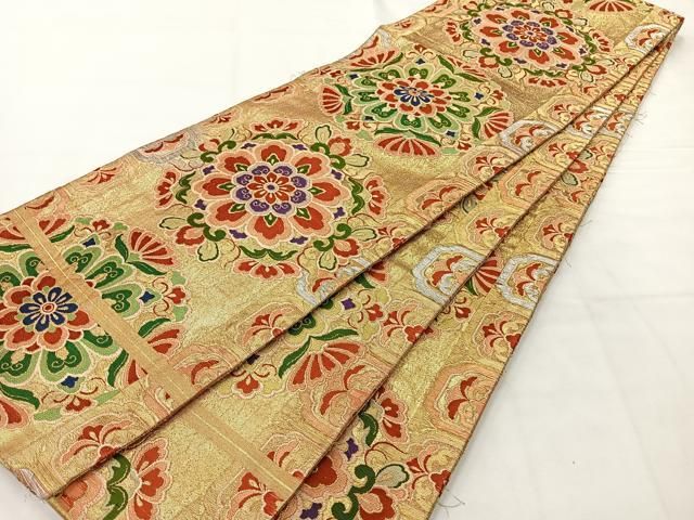 平和屋着物●アンティーク　大正ロマン　九寸名古屋帯　唐織　七宝花文　正絹　逸品　DABB9809du 平和屋着物○アンティーク 大正ロマン 九寸名古屋帯 唐織 七宝花文