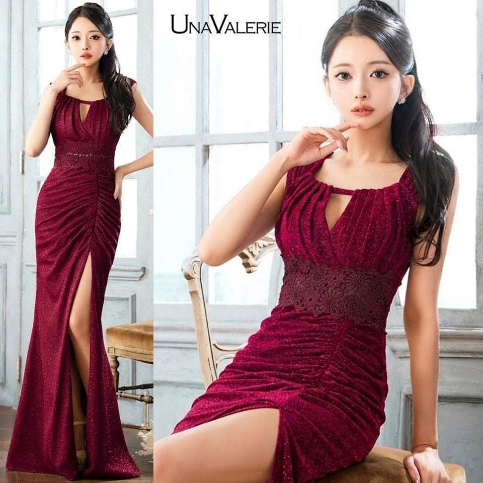 【UNA VALERIE /ウナヴァレリェ】ラメ タック マーメイドロングドレス V60158L sugar キャバドレス UNA VALERIE /ウナヴァレリェ】ラメ タック マーメイドロングドレス