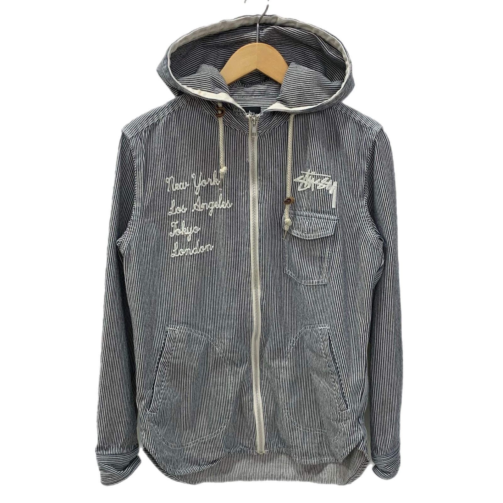 ステューシー STUSSY ヒッコリーストライプ柄ジップアップパーカー 