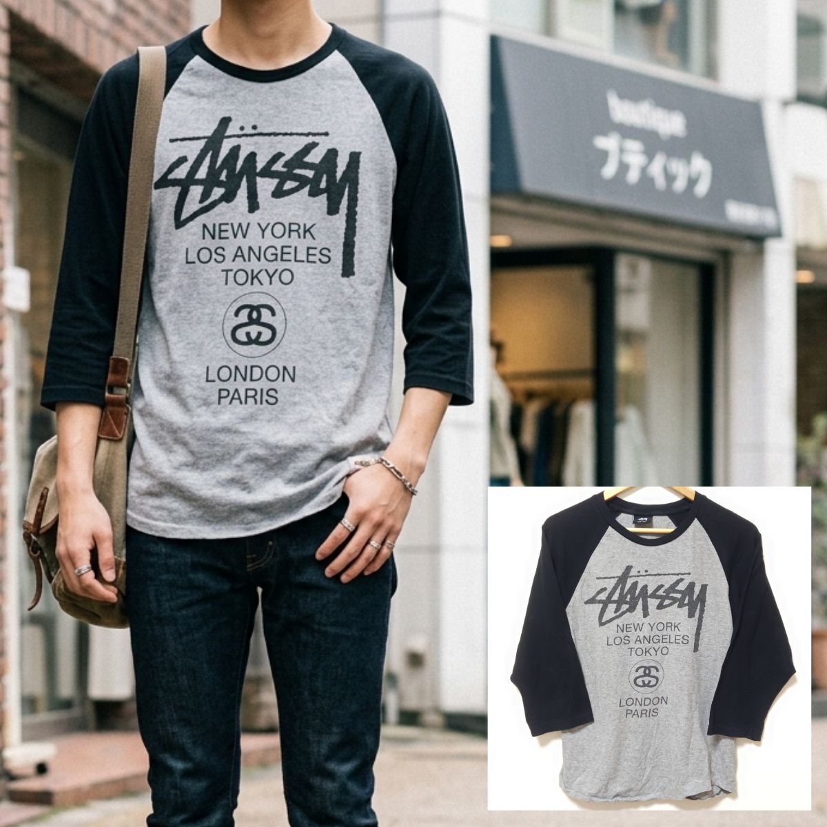 STUSSYステューシー ラグランTシャツ 七分袖 XL 鷲 ドクロ ストリート 人気ブランド【STUSSY】ステューシー ワールドツアー ラグラン 7分袖 T