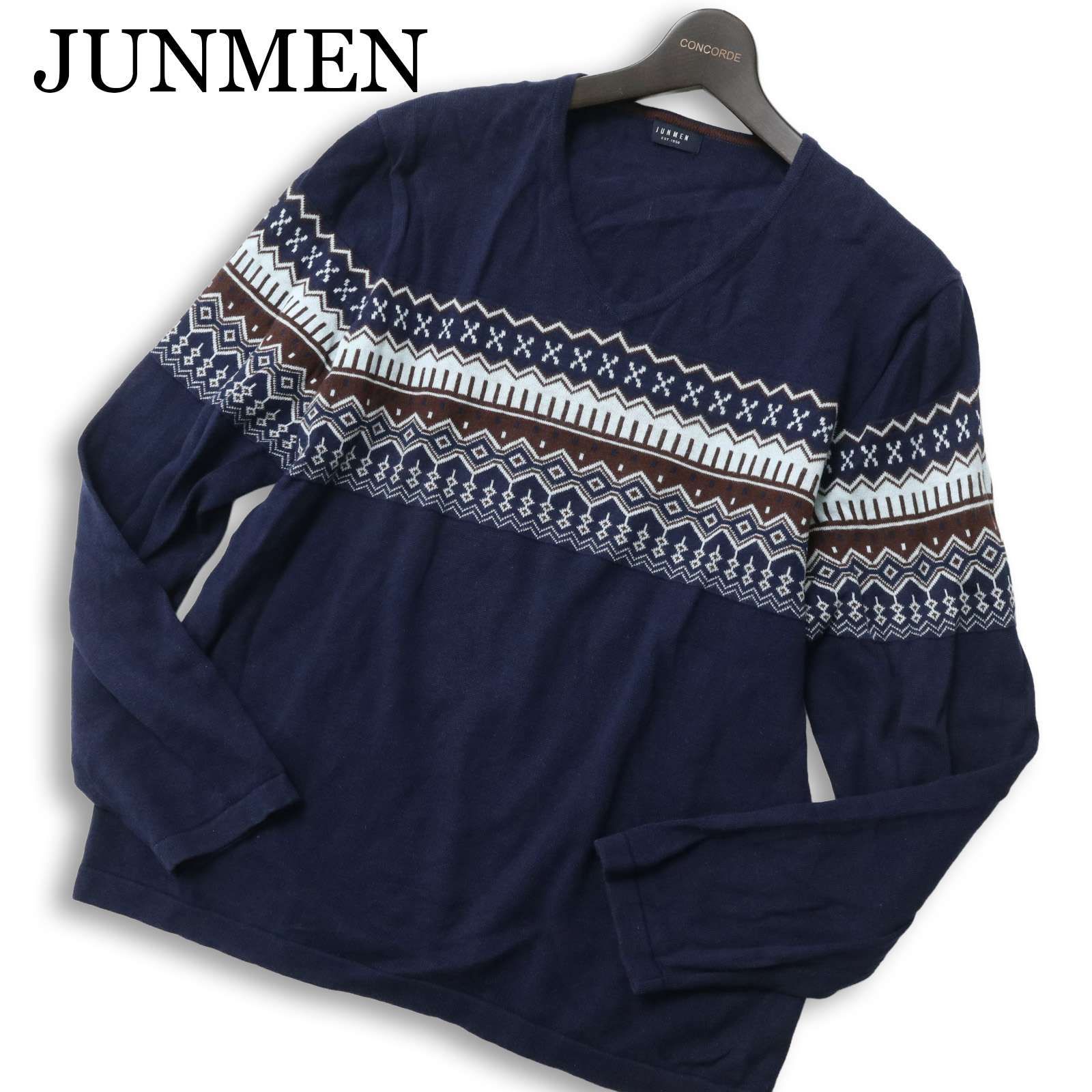 JUNMEN ジュンメン 春夏☆ 麻 リネン Vネック ノルディック柄 サマー 