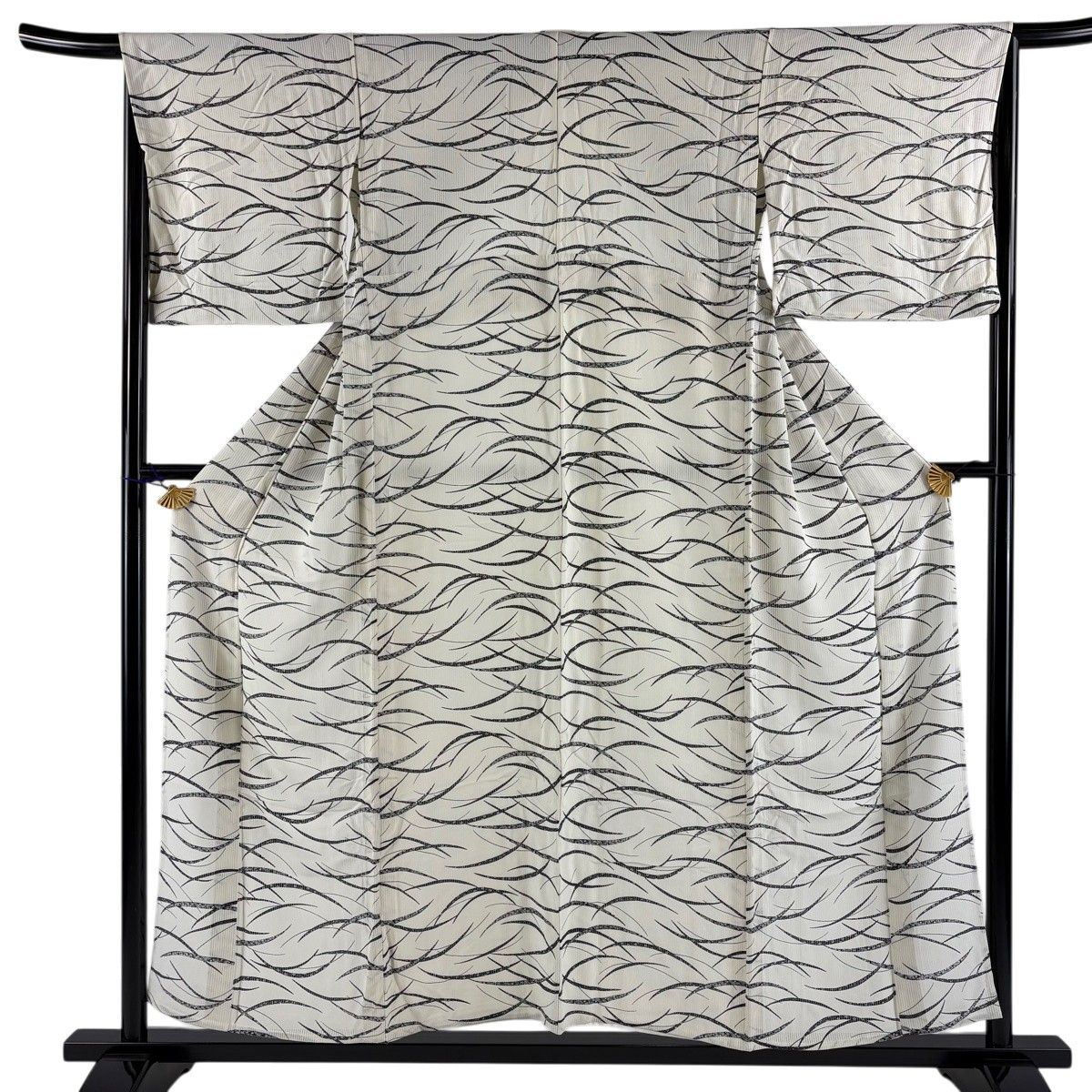 【美品】 小紋 身丈153.5cm 裄丈65cm M 薄物 縦絽 芝 小花 クリーム 正絹 秀品 【】