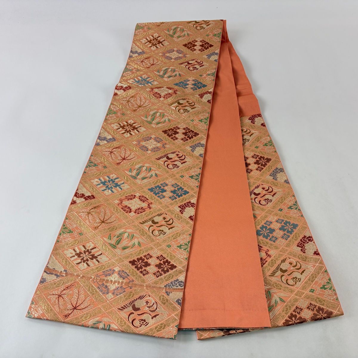 美品】 袋帯 秀品 川島織物 落款 花菱 松竹 金糸 箔 オレンジ 六 美品】 袋帯 秀品 川島織物 落款 花菱 松竹 金糸 箔 オレンジ 六