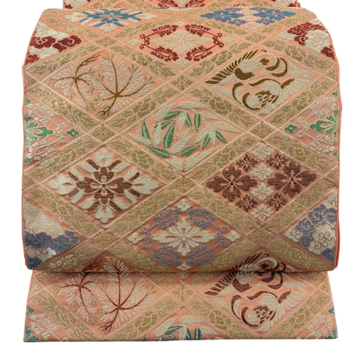 美品】 袋帯 秀品 川島織物 落款 花菱 松竹 金糸 箔 オレンジ 六 美品】 袋帯 秀品 川島織物 落款 花菱 松竹 金糸 箔 オレンジ 六