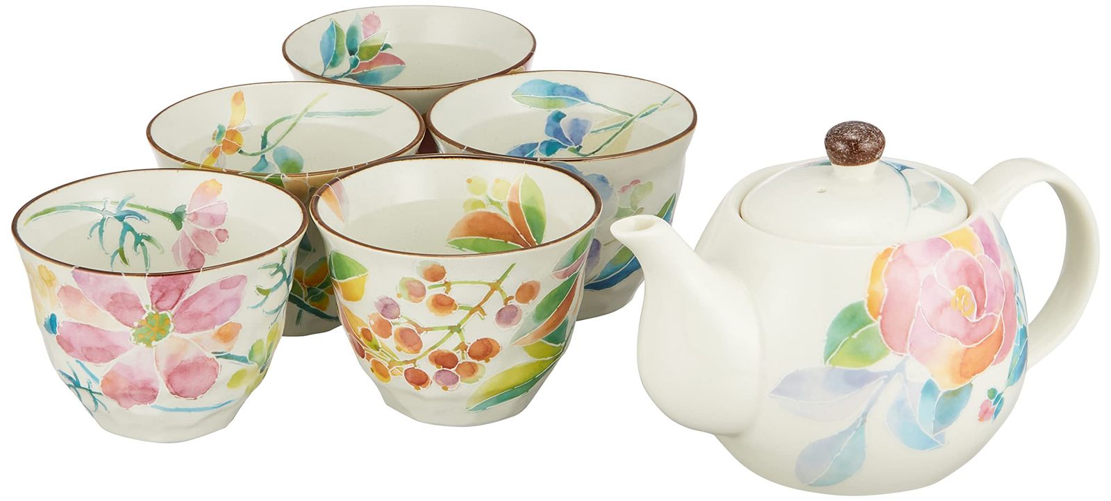 新品 セラミック藍 花ことば 5客ポット茶器 5種の花 サイズ：約W26 D23 H10 01526