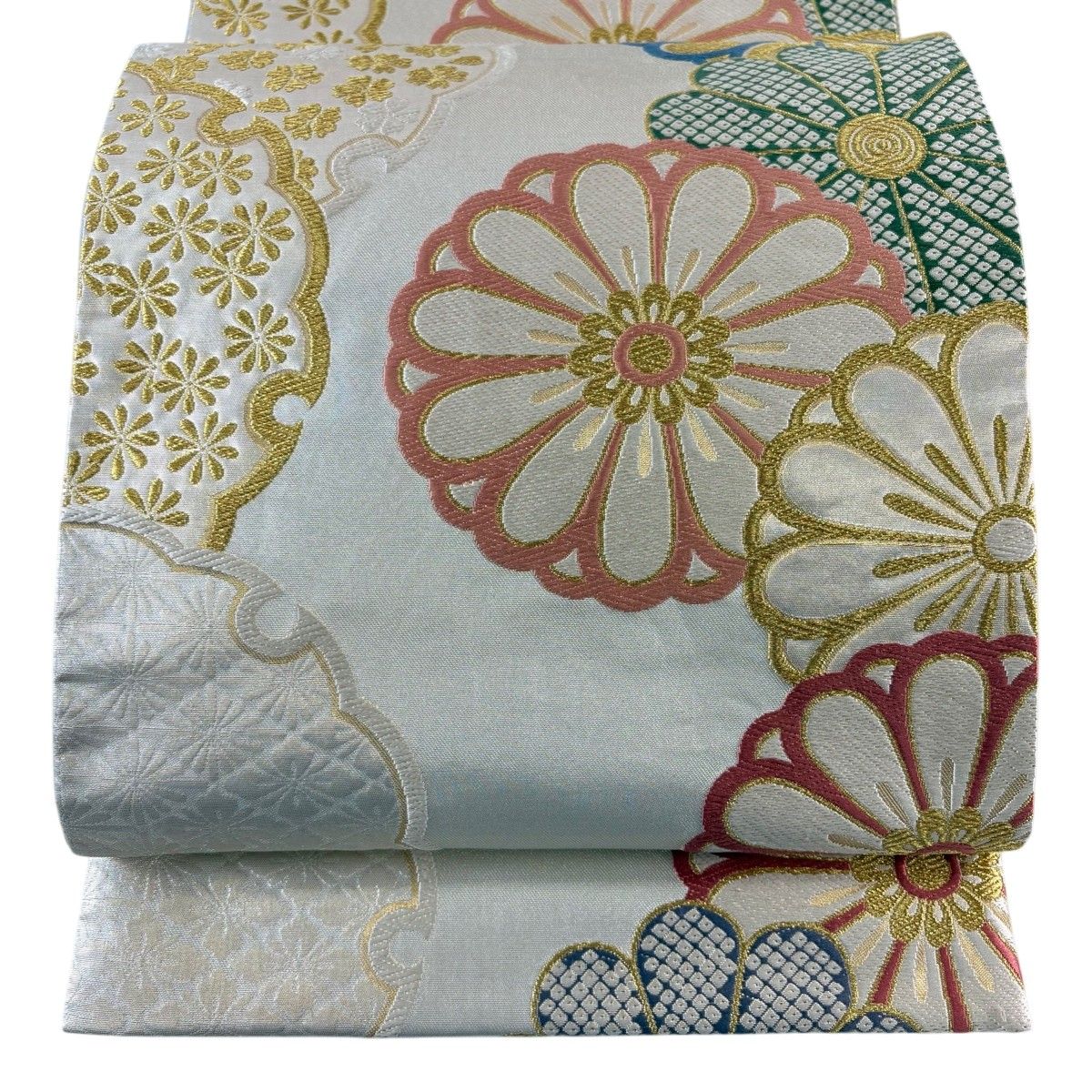 美品】 袋帯 秀品 菊 雪輪 銀通し 金糸 灰白 六通 正絹 【中古 