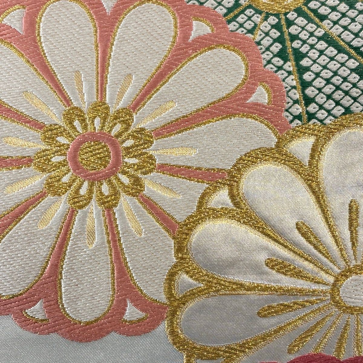 美品】 袋帯 秀品 菊 雪輪 銀通し 金糸 灰白 六通 正絹 【中古 