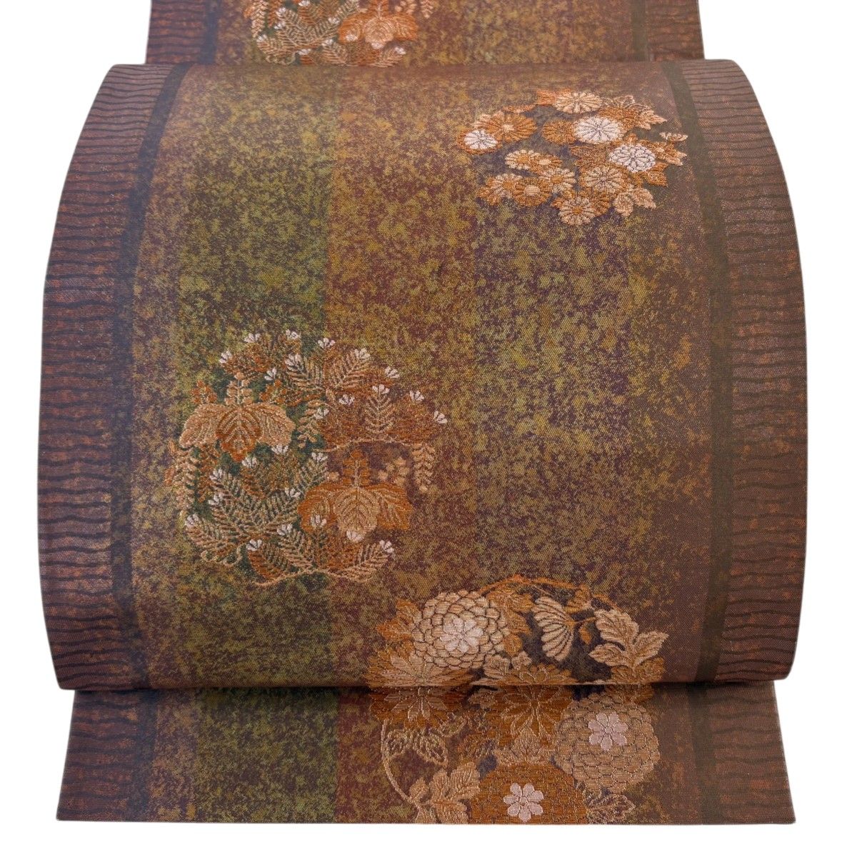 美品】 袋帯 秀品 花丸文 菊 刺繍 金銀糸 茶色 六通 正絹 【中古 美品】 袋帯 秀品 花丸文 菊 刺繍 金銀糸 茶色 六通 正絹 【中古