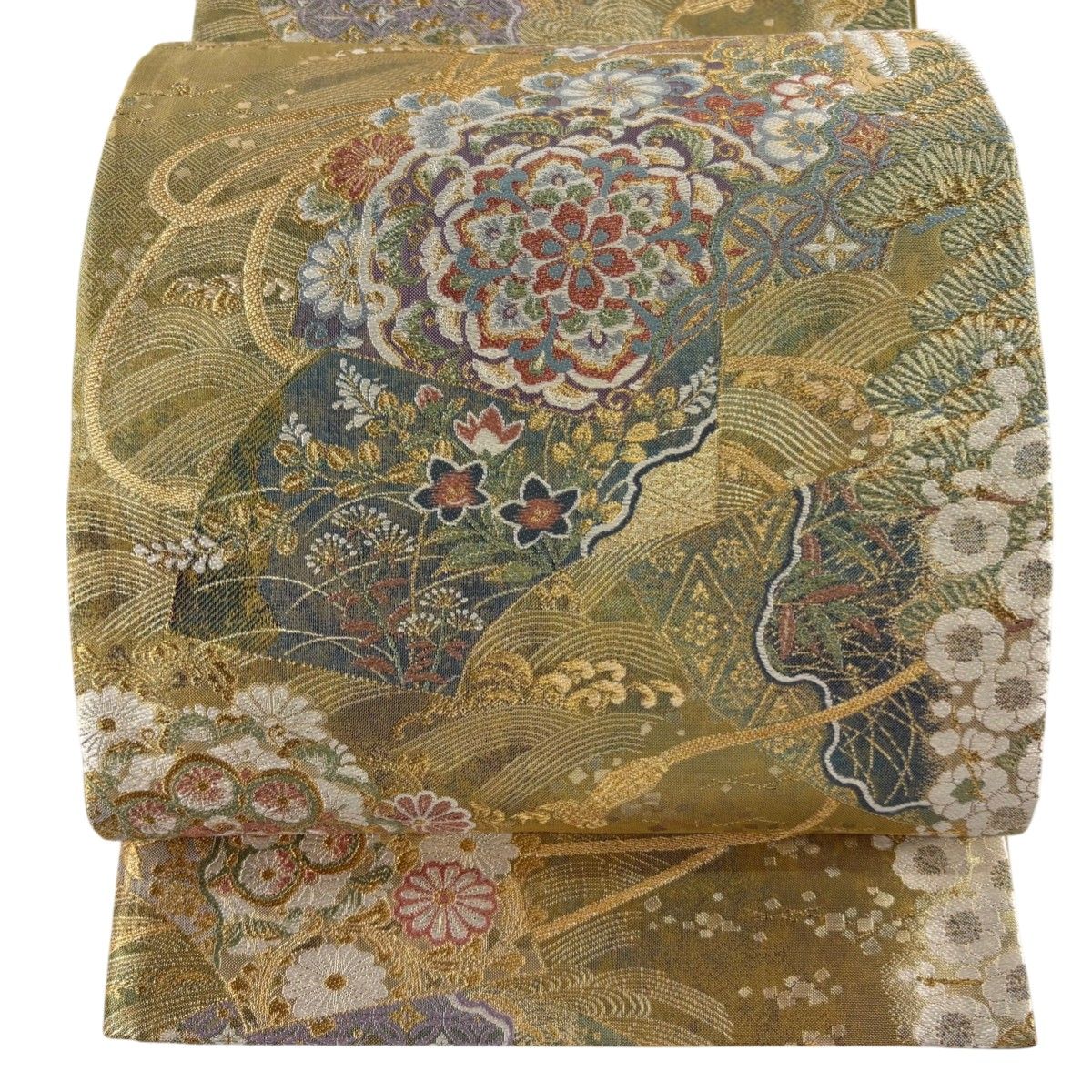 袋帯 秀品 吉祥花扇文 波 金糸 箔 金色 お太鼓柄 正絹 【中古】 - メルカリ