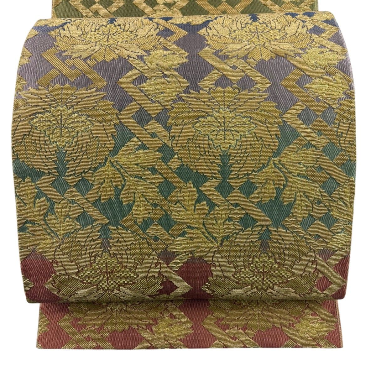 美品】 袋帯 名品 角繋地牡丹花の丸 草花 段縞 金糸 輪奈織 金色