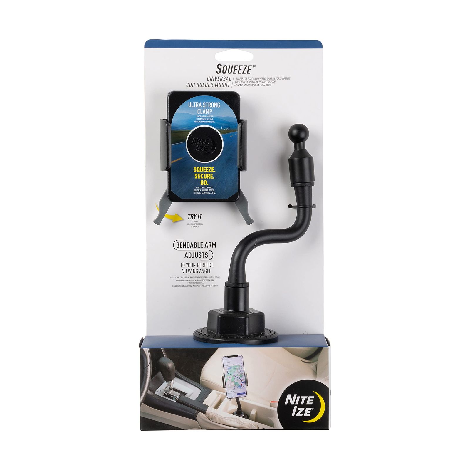 新品 ナイトアイズ(NITEIZE) スティーリー スクイーズ ユニバーサル カップホルダーマウント 車 スマホスタンド ドリンクホルダー 360°回転 片手操作 車載ホルダー 携帯ホルダー