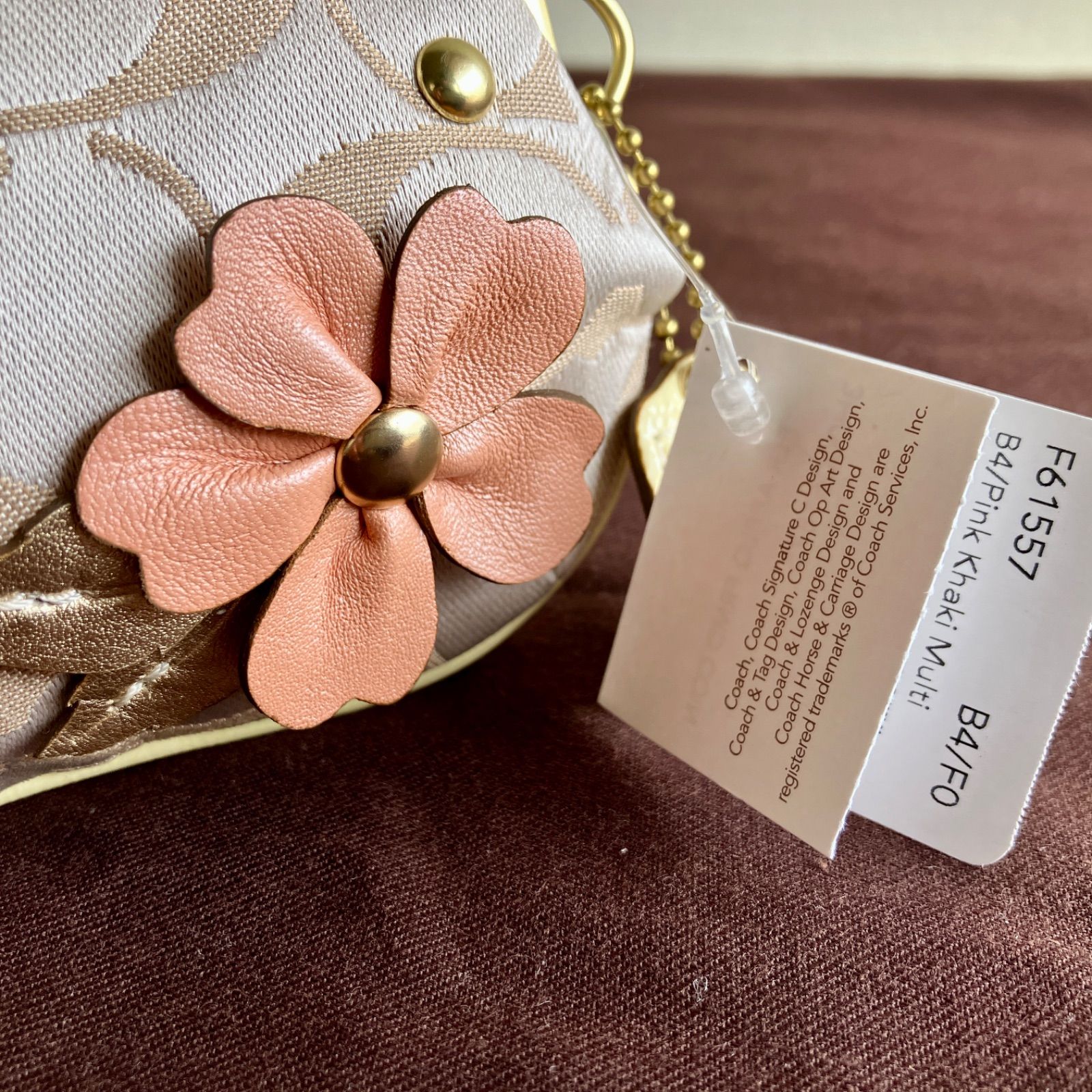 NWT Coach Signature Khaki Pink Flower Applique Frame Kisslock Coin