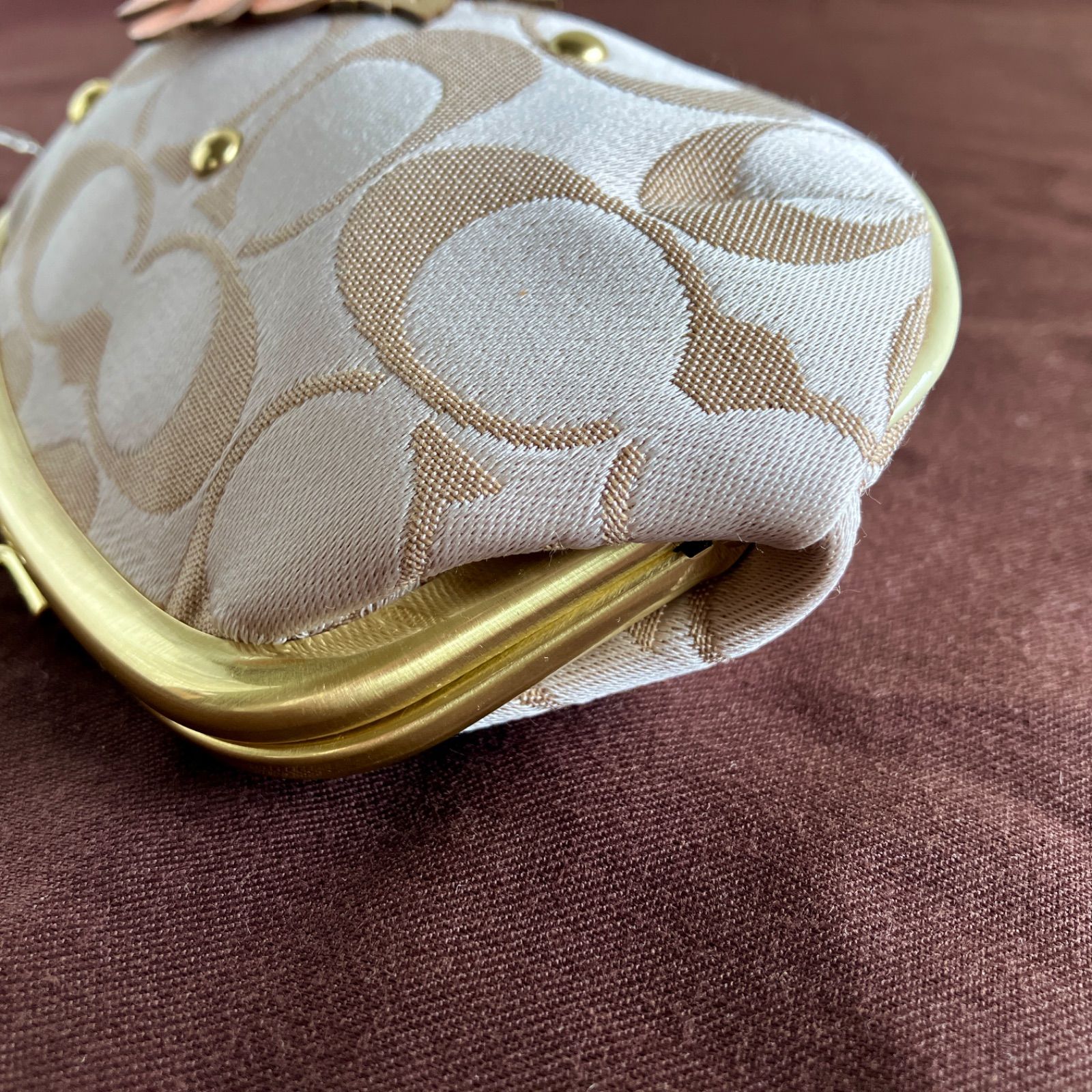 NWT Coach Signature Khaki Pink Flower Applique Frame Kisslock Coin
