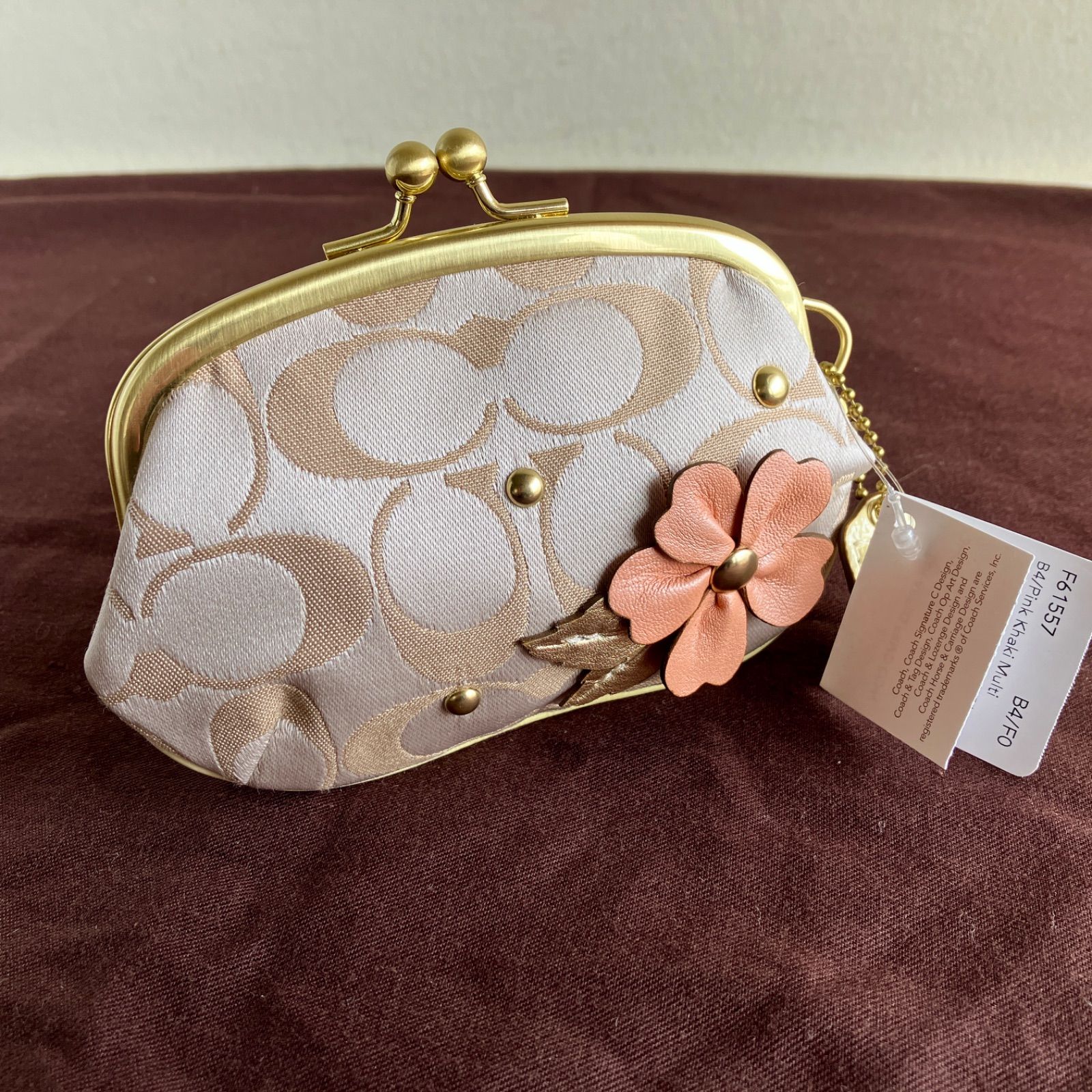 NWT Coach Signature Khaki Pink Flower Applique Frame Kisslock Coin