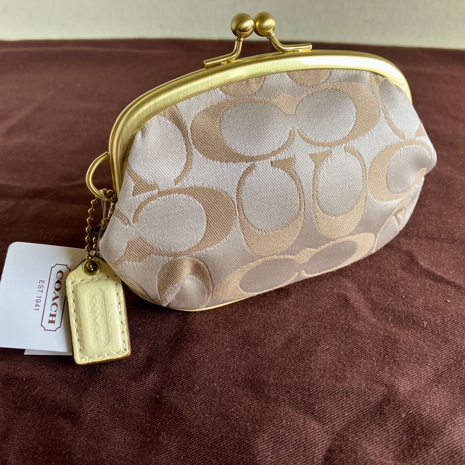 NWT Coach Signature Khaki Pink Flower Applique Frame Kisslock Coin