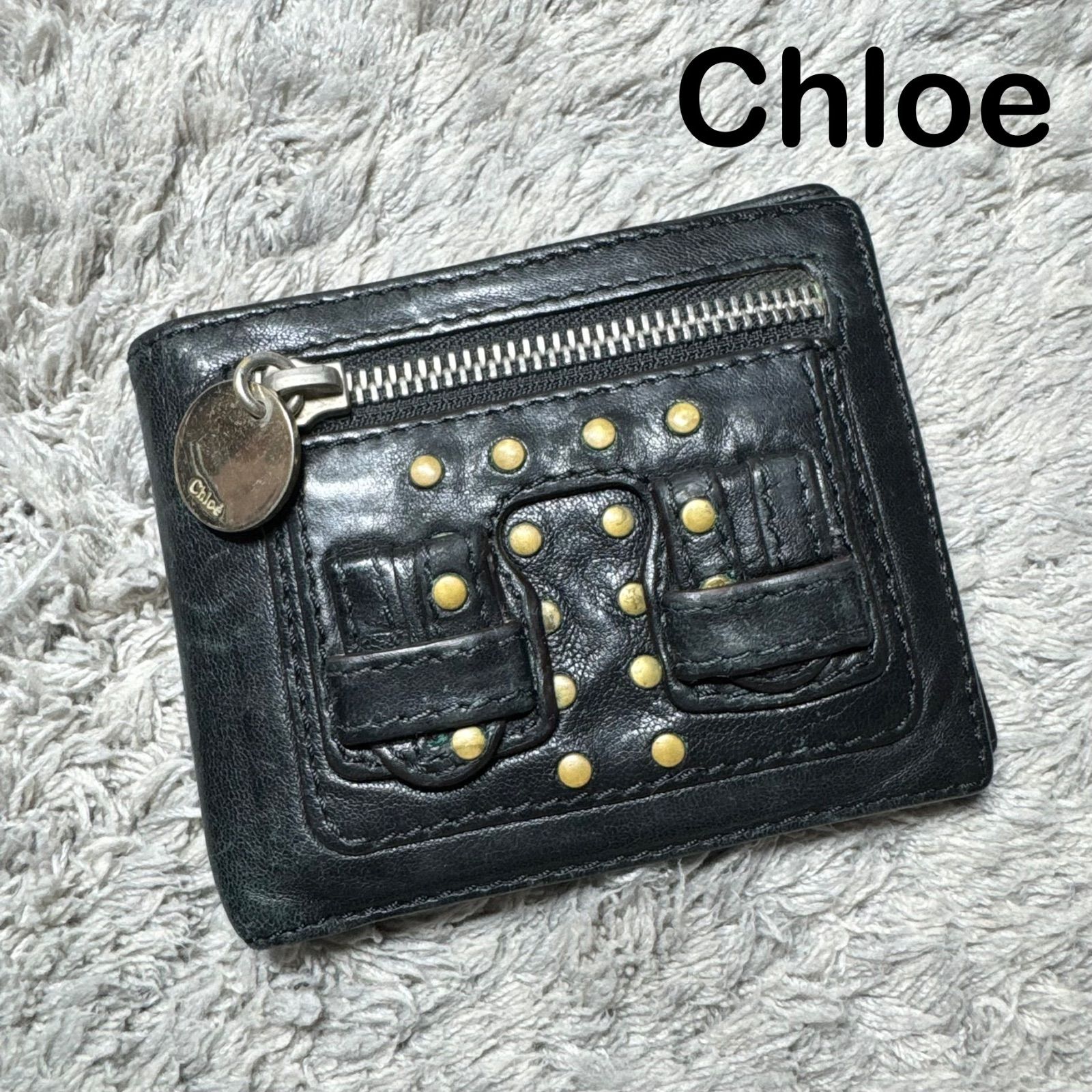 Chloe クロエ 二つ折り財布 本革 レザー ブラック スタッズ - メルカリ