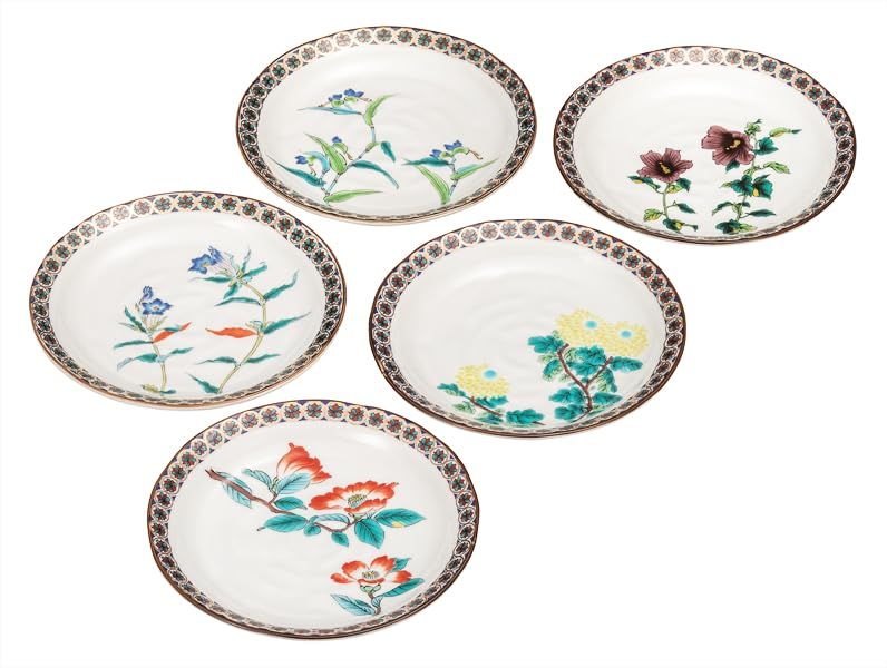 新品 九谷焼いわたや 6号皿揃･金襴小紋五草花 K9-109