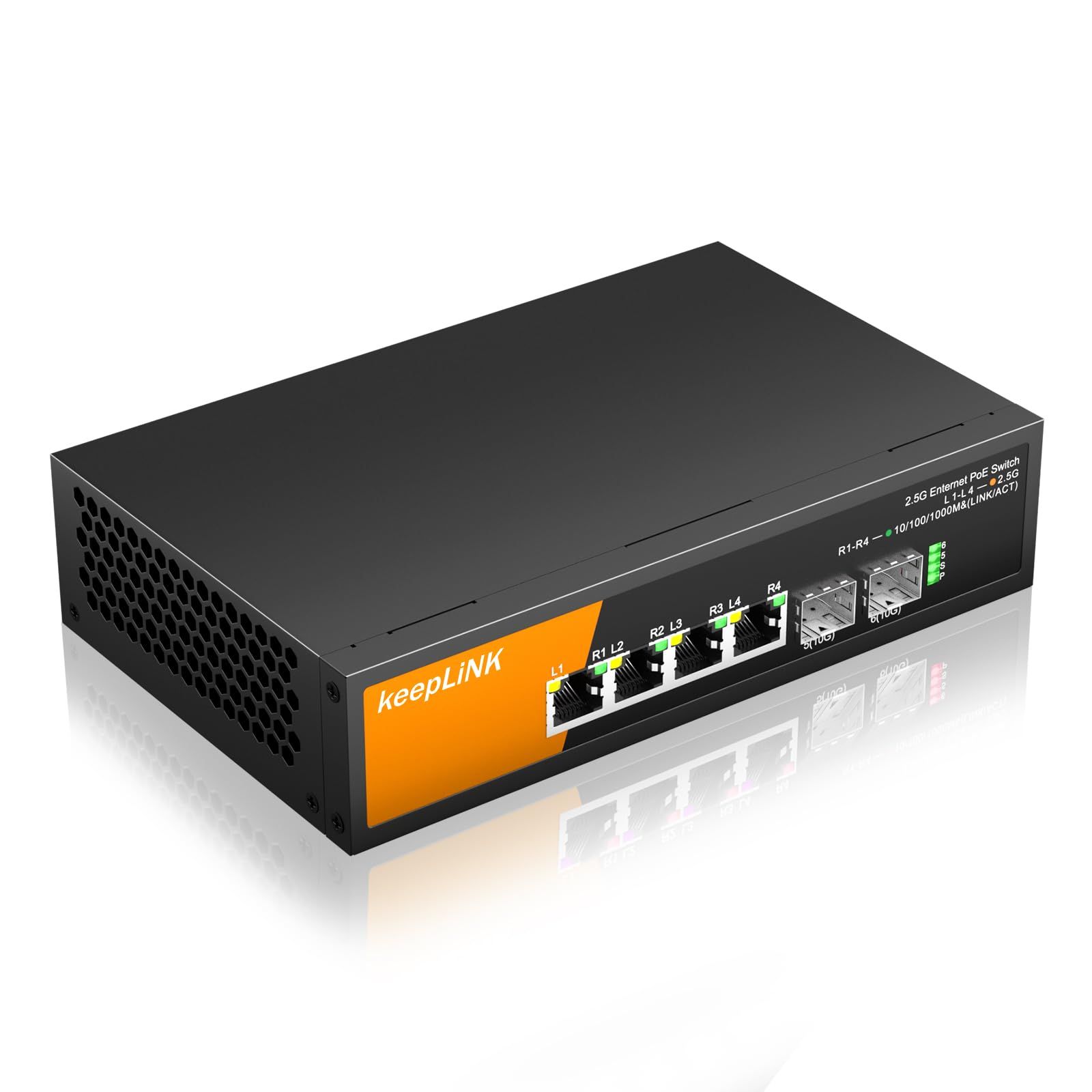 新品 keepLiNK 6ポート2.5Gbps PoEハブ 4 x PoE対応 全体最大72W 2つの10GbE SFP+ポート アンマネージ スイッチングハブ 金属筐体 静音ファンレス