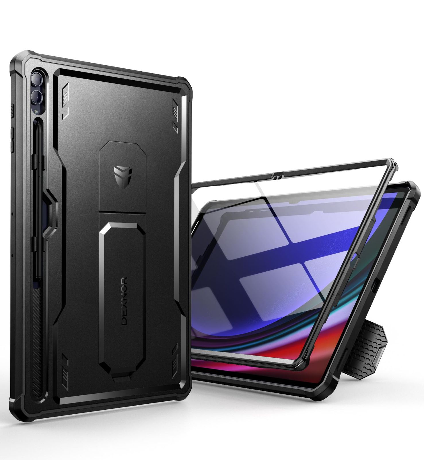 新品 Dexnor Samsung Galaxy Tab S10 Ultra/S9 Ultra/S8 Ultra用ケース [画面保護フィルム内蔵&キックスタンド付き] 耐衝撃 軍用規格 頑丈保護カバー(ブラック)