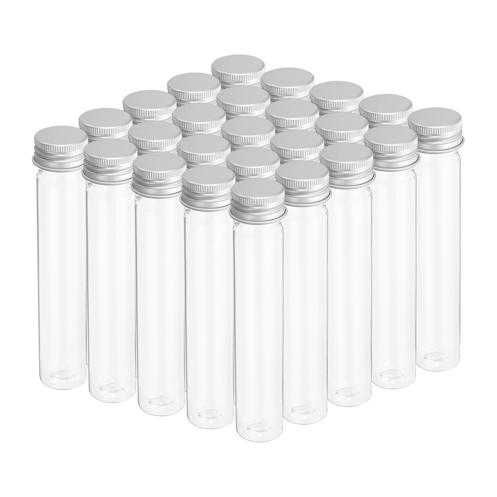新品 PATIKIL 65ml プラスチック製試験管（ねじキャップ付き） 25個セット 150x27mm フラットボトム試験管 科学的なパーティー 装飾 あめ ビーズ 入浴剤 収納 シルバートーン