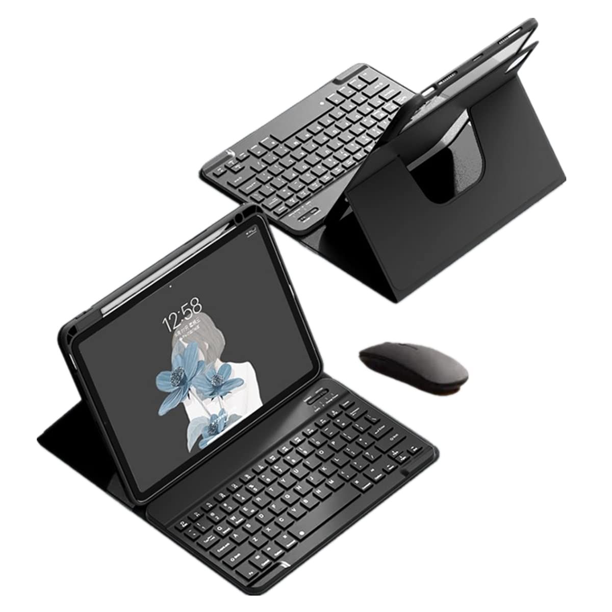 新品 GOOVEN マウス付きキーボードケース iPad 10.2インチ用の 第9/8/7世代 360度回転式 マグネット式 分離式 透明カバー 取り外し可能 Bluetoothキーボード 縦置き，黒（四角いキー）
