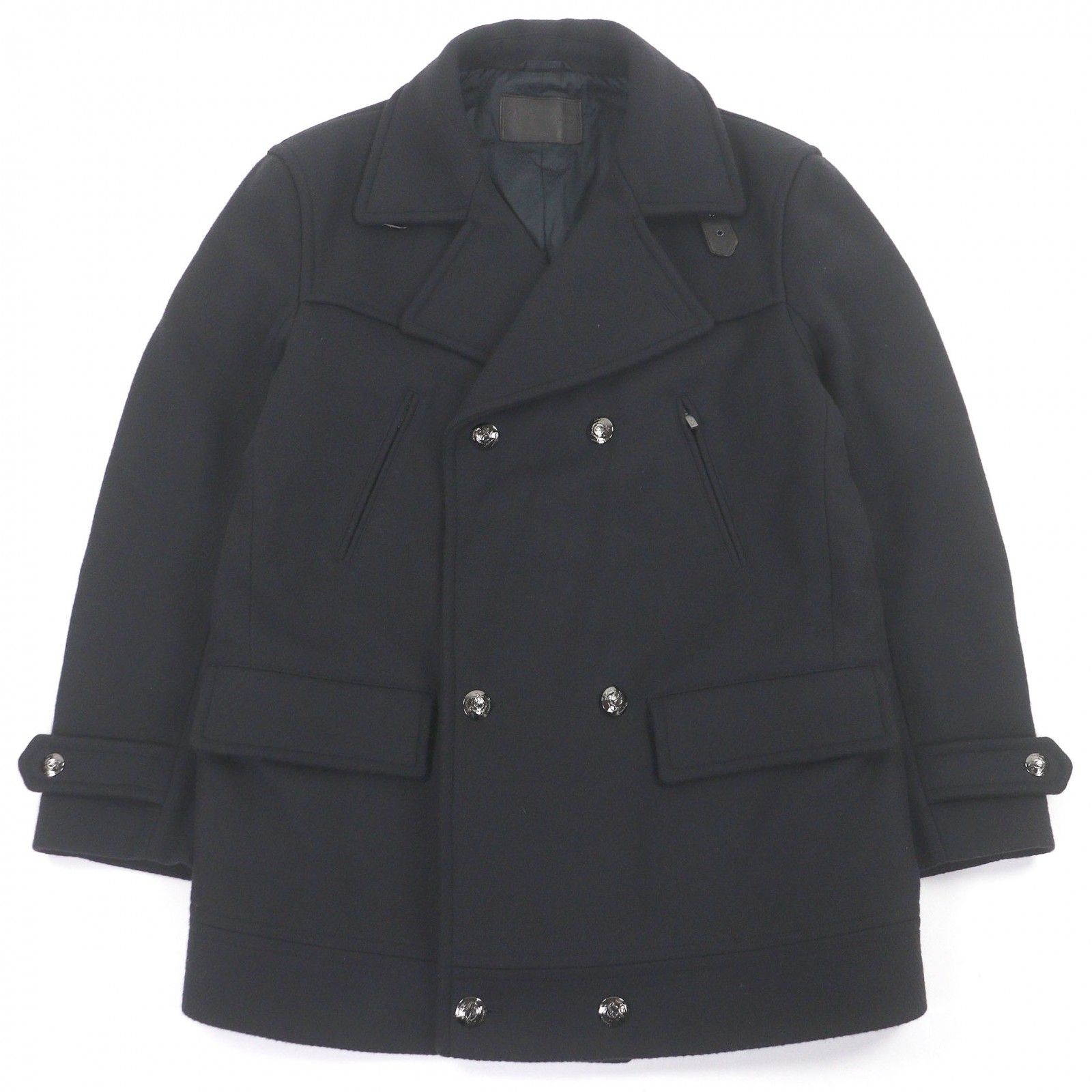 美品□Salvatore Ferragamo サルヴァトーレフェラガモ バージンウール100％ ロゴシルバーボタン ダブルブレスト 中綿入り ピーコート ダークネイビー 54 イタリア製 正規品 メンズ 美品□Salvatore Ferragamo サルヴァトーレフェラガモ バージンウール