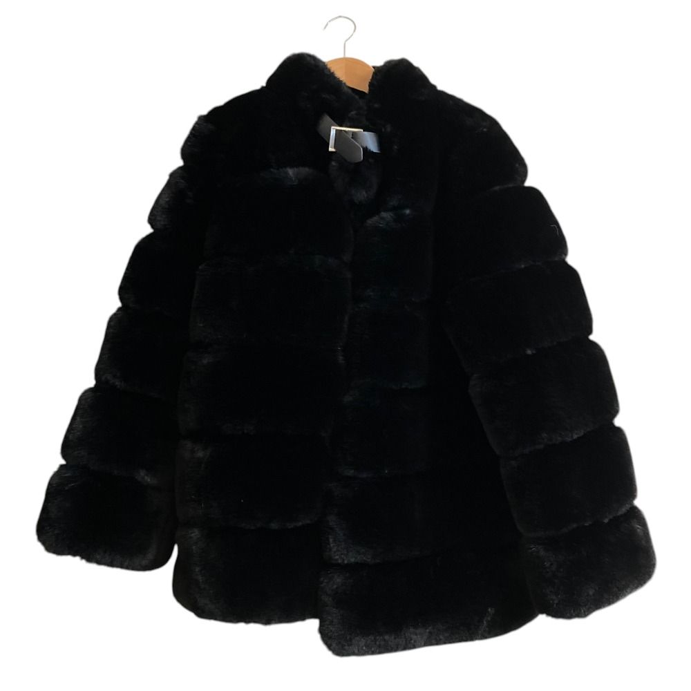 美品 Estella.K エステラケー Faux Fur Coat ボーダーエコファーコート 