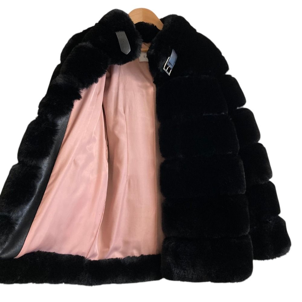 美品 Estella.K エステラケー Faux Fur Coat ボーダーエコファーコート 