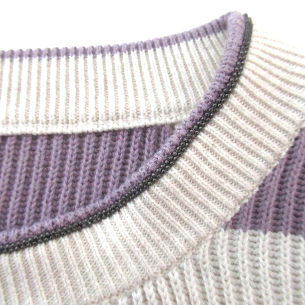 美品 23SS BRUNELLO CUCINELLI ブルネロクチネリ モニーレ装飾 ボーダー柄 長袖 ニット セーター Sサイズ ホワイト×パープル レディース 古着 中古 USED 美品 23SS BRUNELLO CUCINELLI ブルネロクチネリ モニーレ装飾