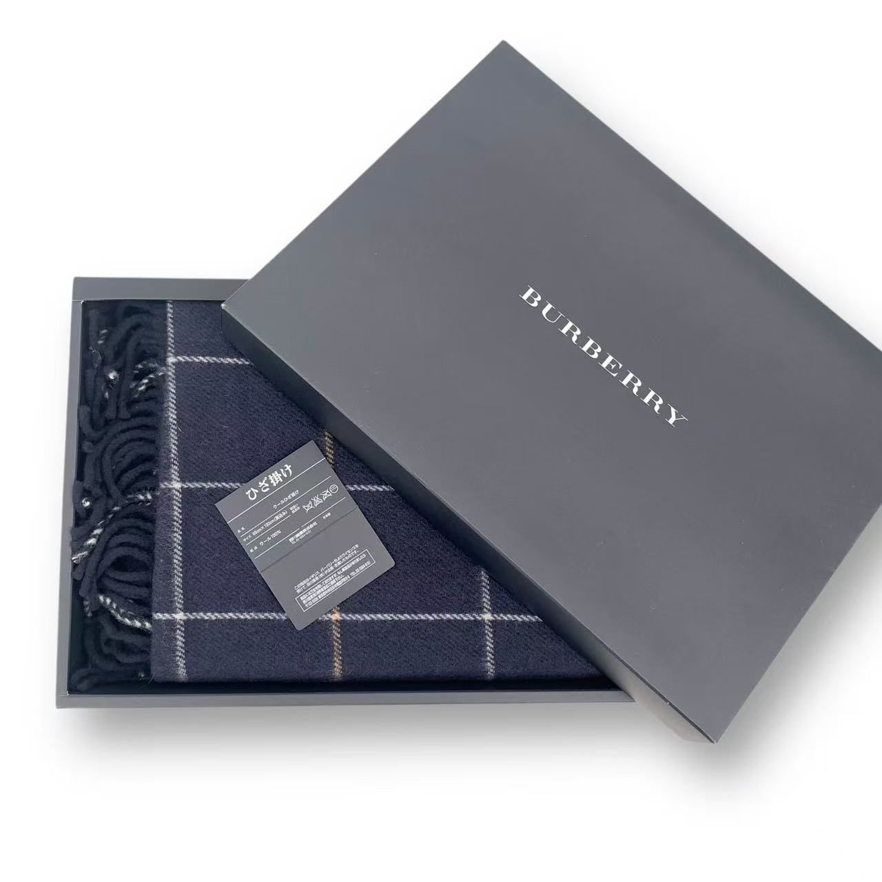 未使用品 BURBERRY バーバリー ひざ掛け ウール ネイビー チェック 箱 