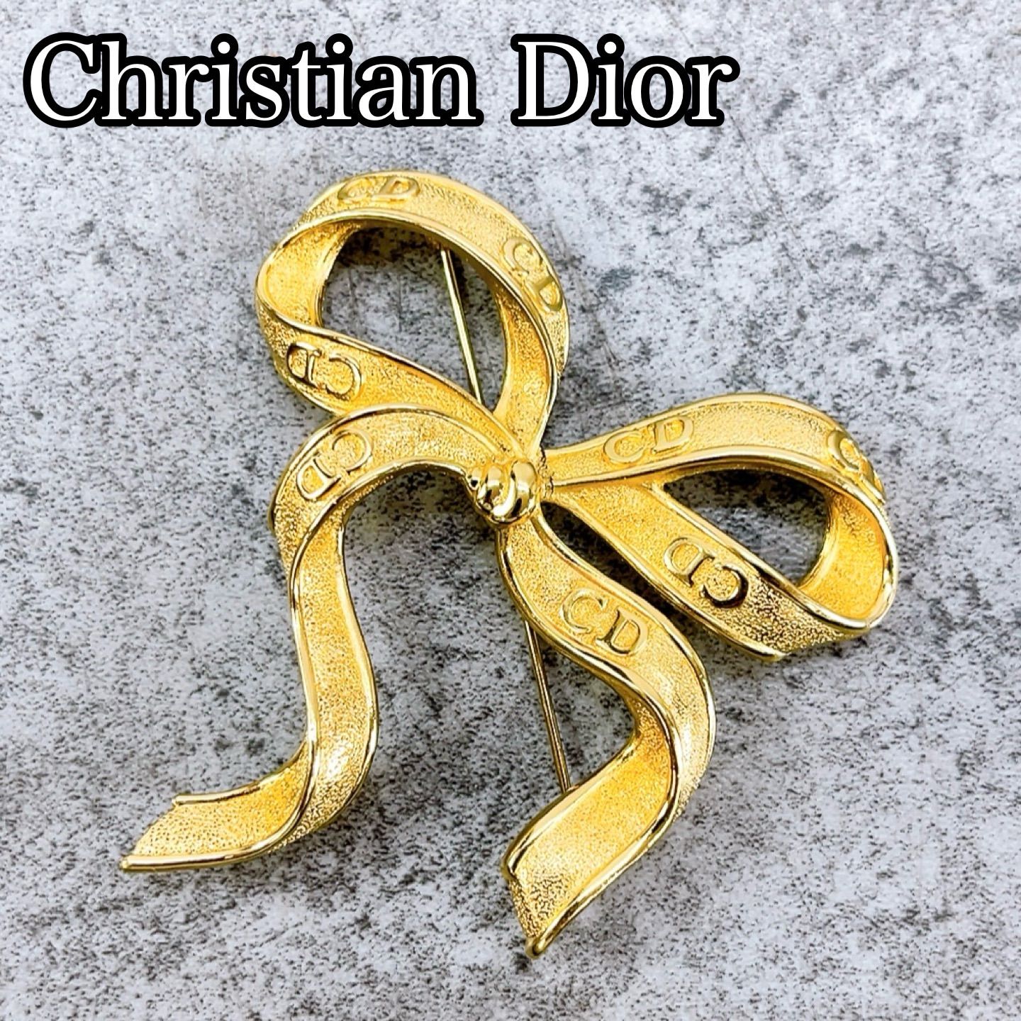 美品 Dior ディオール リボン ヴィンテージ ゴールド ブローチ 箱付 20
