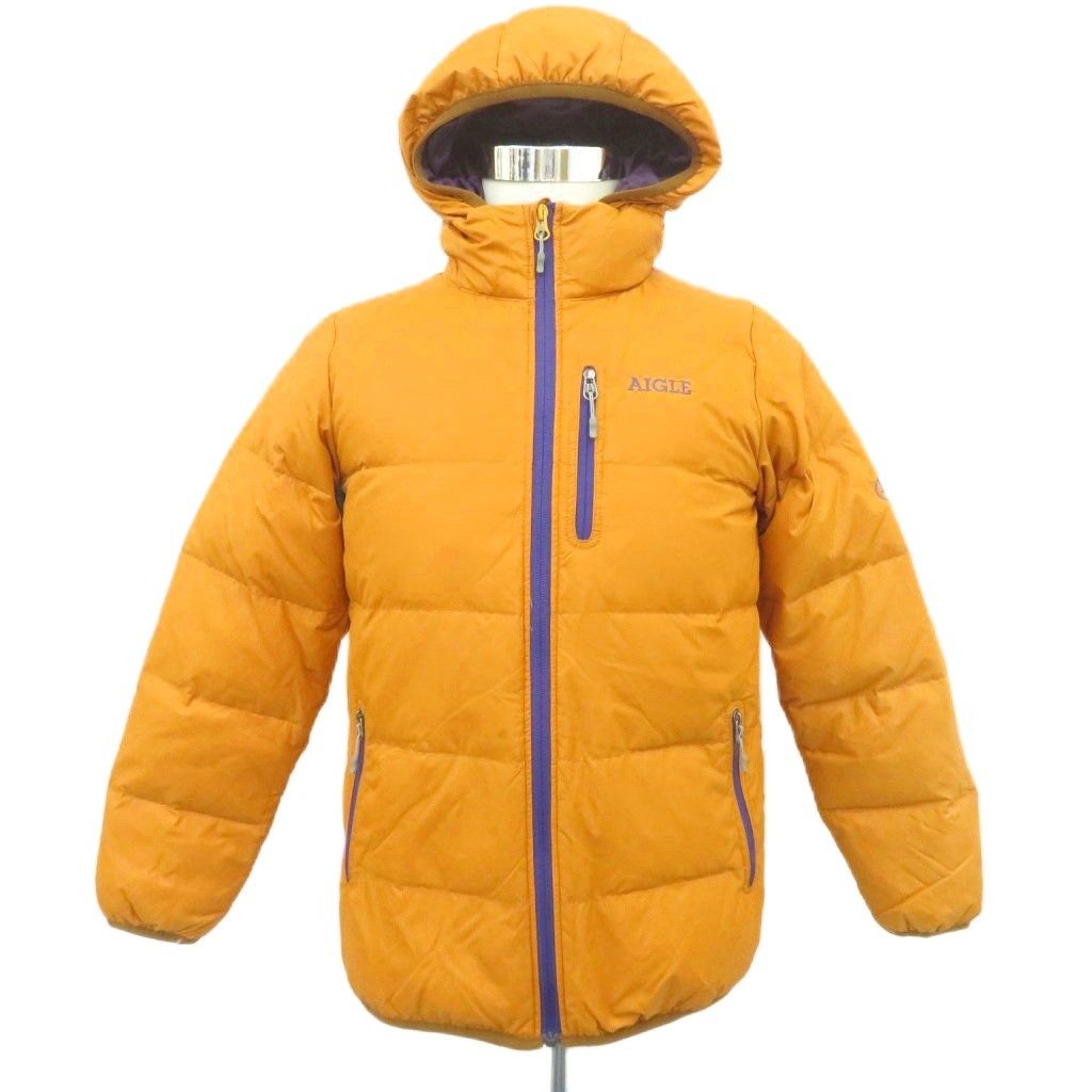 エーグル AIGLE ダウンジャケット 上着 ミドル丈 XS 黄 無地 フード 