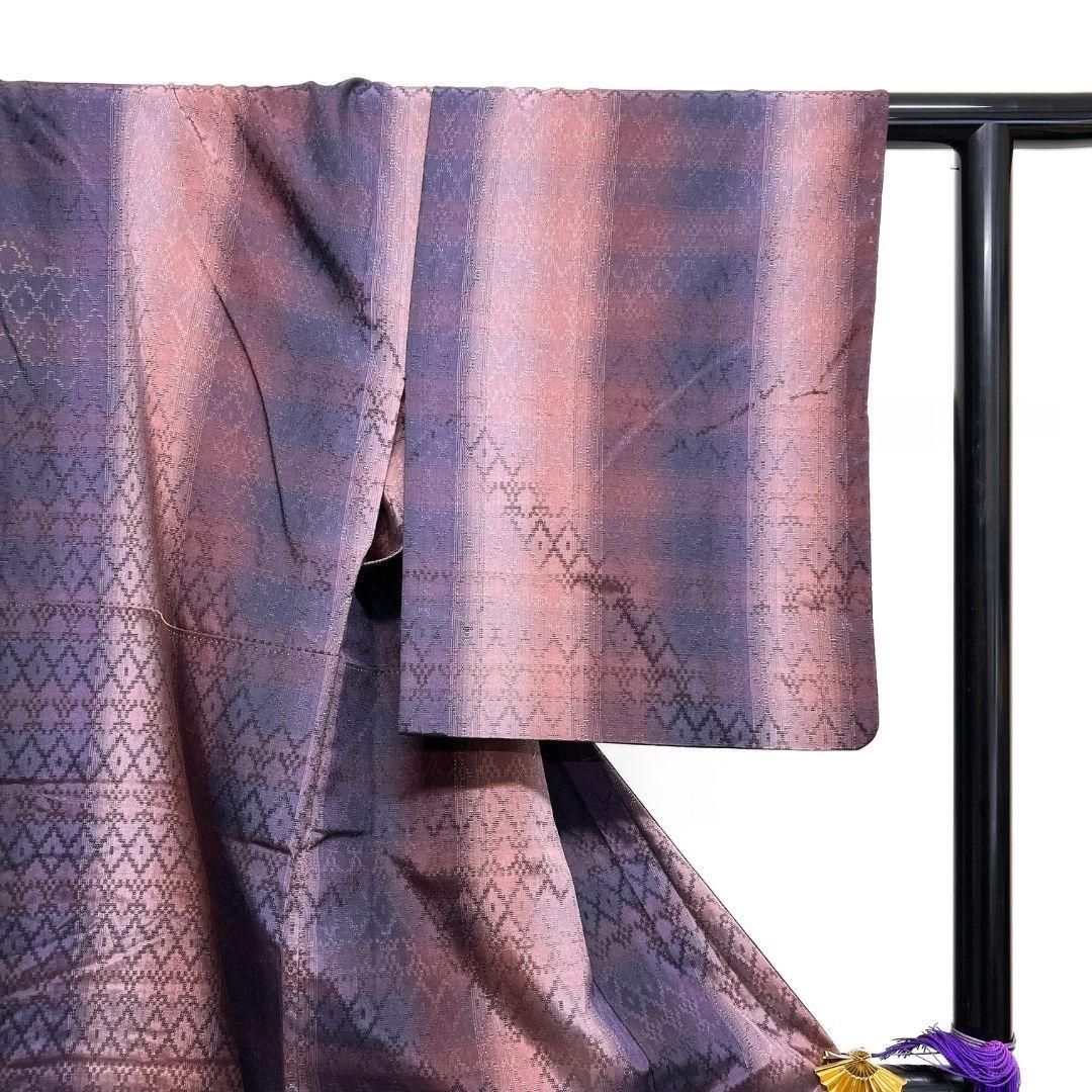 小紋 身丈147 裄61 単衣 花織調 縦縞 正絹 着物 032b p - メルカリ