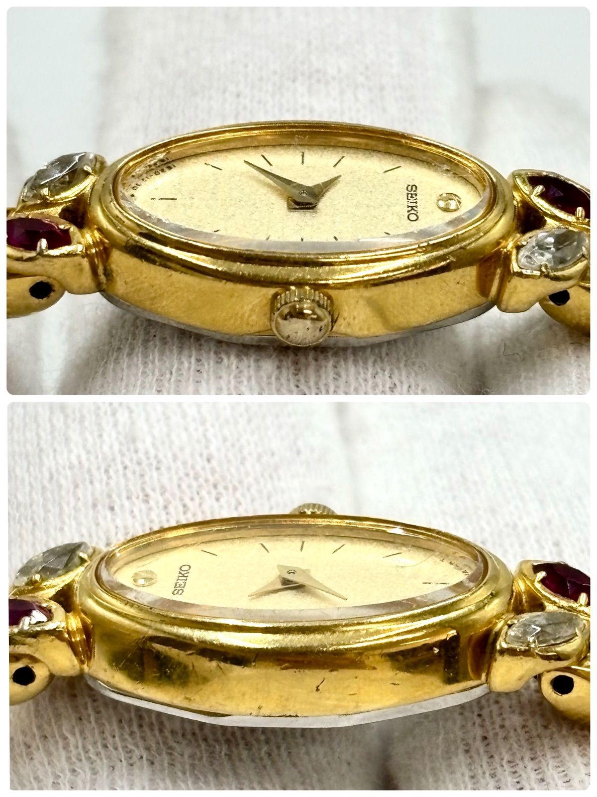 【稼働】SEIKO セイコー ブレスウォッチ 2Pルビー ゴールド ヴィンテージ 美品】SEIKO セイコー ブレスレットウォッチ 腕時計 ルビー 4P 石