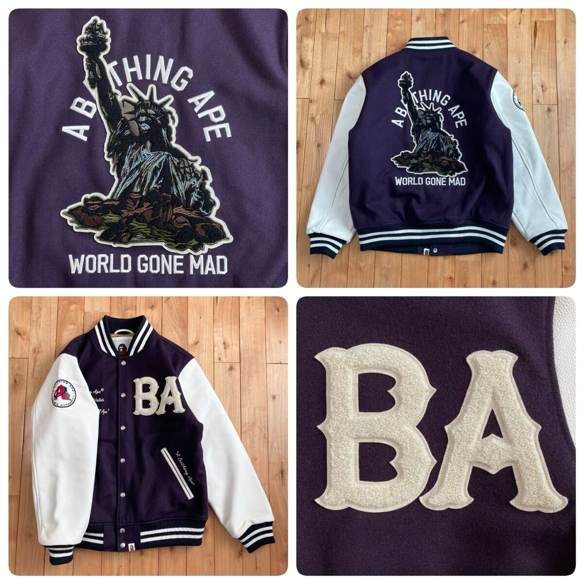 BAPE 袖レザー スタジャン Lサイズ a bathing ape leather varsity