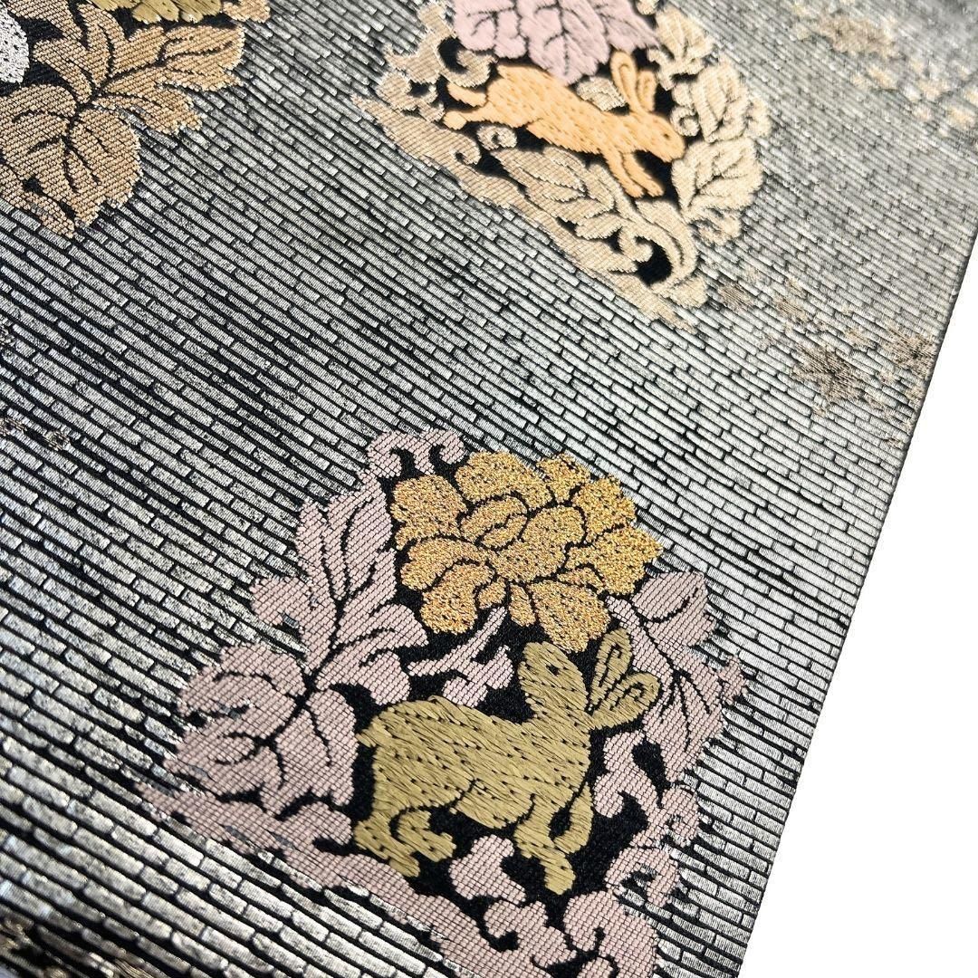 銀通し　未着用　袋帯　ドット　唐花模様　クローバー　着物　022b p 袋帯 唐織 花兎 牡丹 兎文様 金糸 着物 033b p - メルカリ