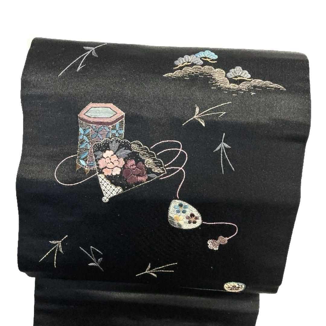 アンティーク 名古屋帯 刺繍 黒地 松 吹き寄せ 松葉 着物 033b p 
