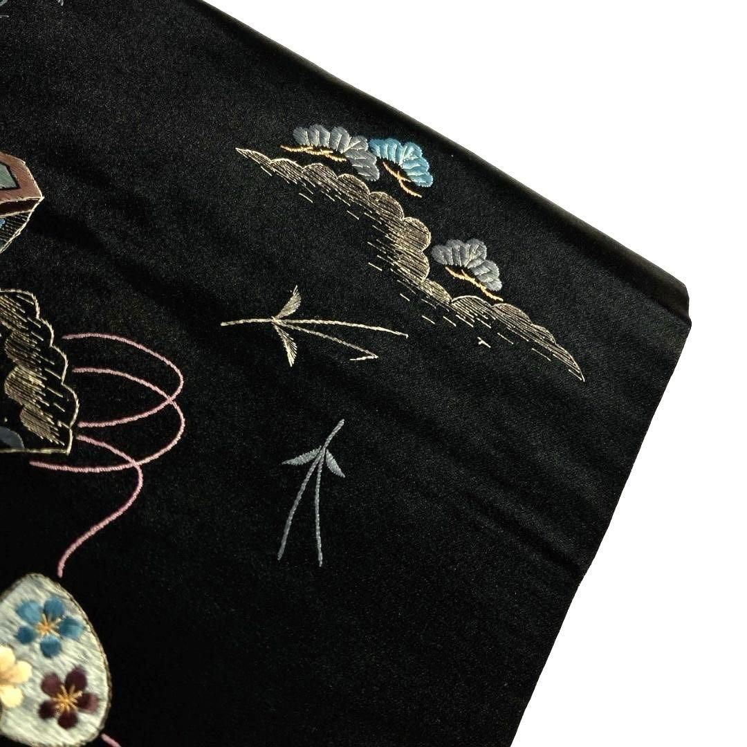 アンティーク 名古屋帯 刺繍 黒地 松 吹き寄せ 松葉 着物 033b p 