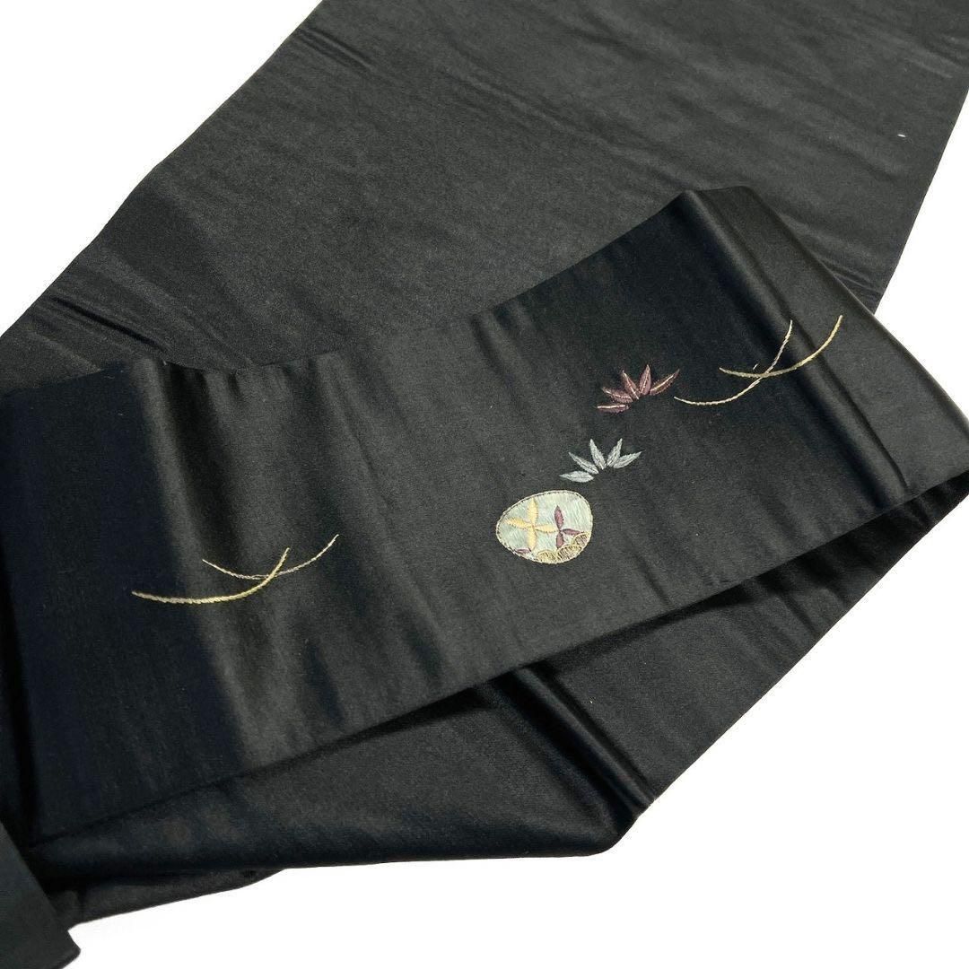 アンティーク 名古屋帯 刺繍 黒地 松 吹き寄せ 松葉 着物 033b p 